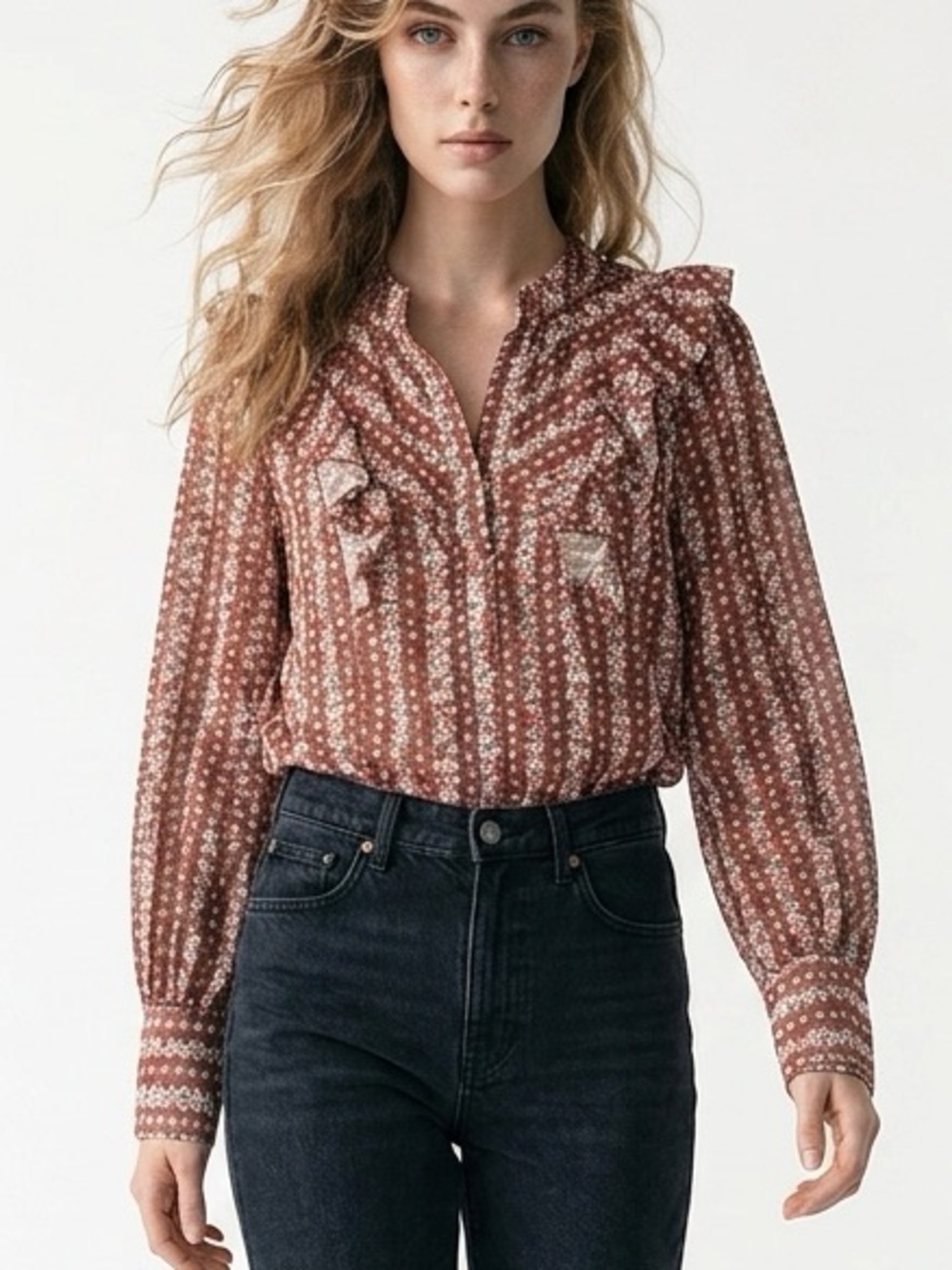 Lulu's Sheer Floral Ruffle Button-Down Blouse